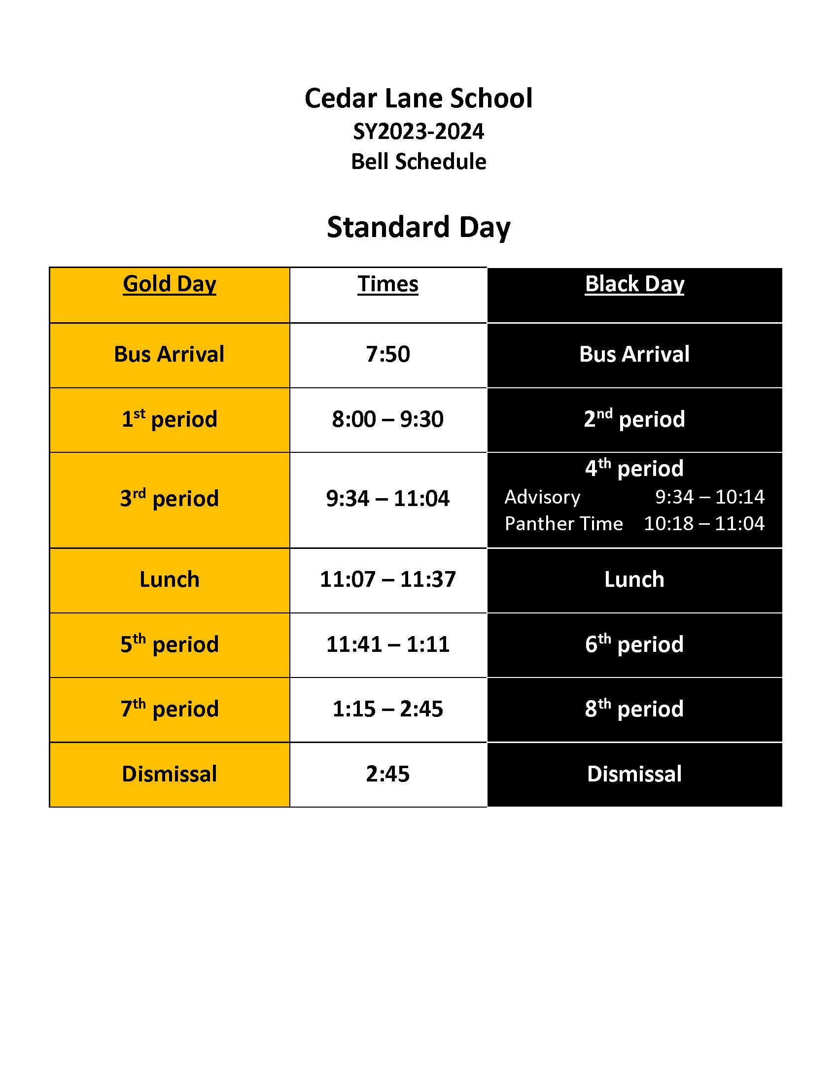 Bell Schedule Cedar Lane School
